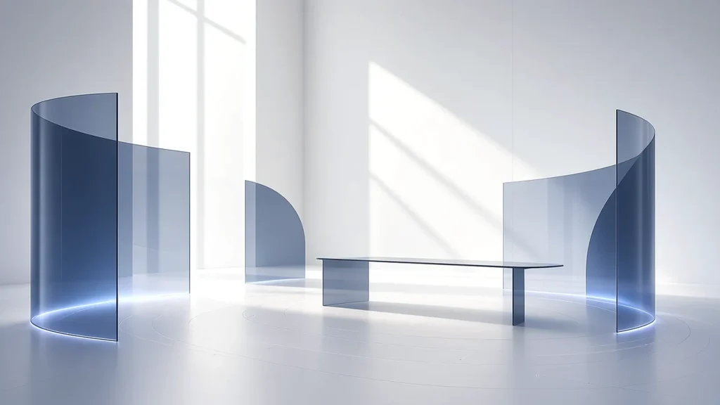 Office illustration: a space with glass partitions and a long table in window light (abstract image)