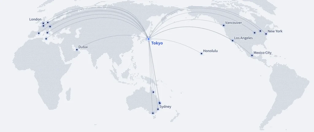 Network map centered on the Pacific, with arcs from Tokyo to partner cities worldwide
