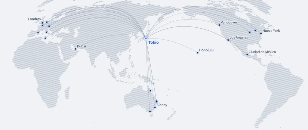 Mapa de la red centrado en el Pacífico, con arcos desde Tokio hasta las ciudades asociadas de todo el mundo